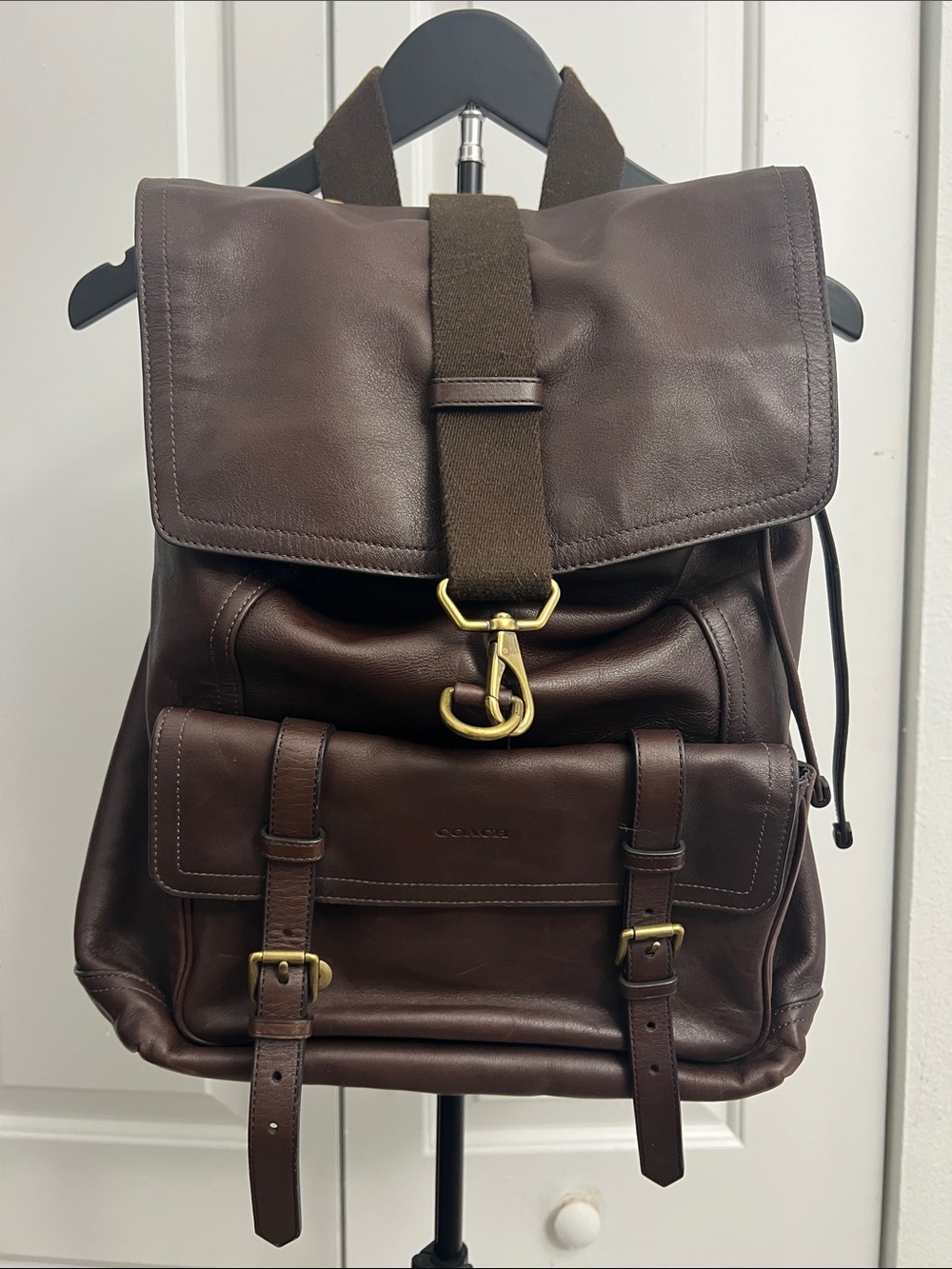 Coach Dark Brown Leather Buckle Backpack with Brass Hardware